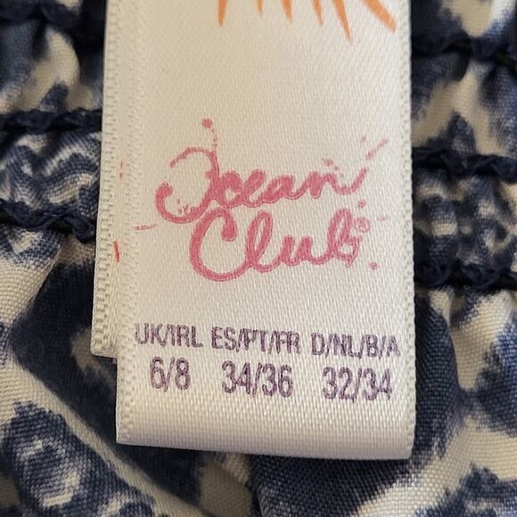 Ocean Club X-Small Blue White Geometric Romper Off Shoulder Smocked Tie Waist - Picture 2 of 14